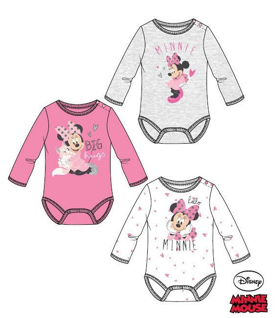 Disney Minnie Mouse Body | Langarm | Grau, Weiß, Rosa | Mädchen | Gr. 62–92 | Neu mit Etikett