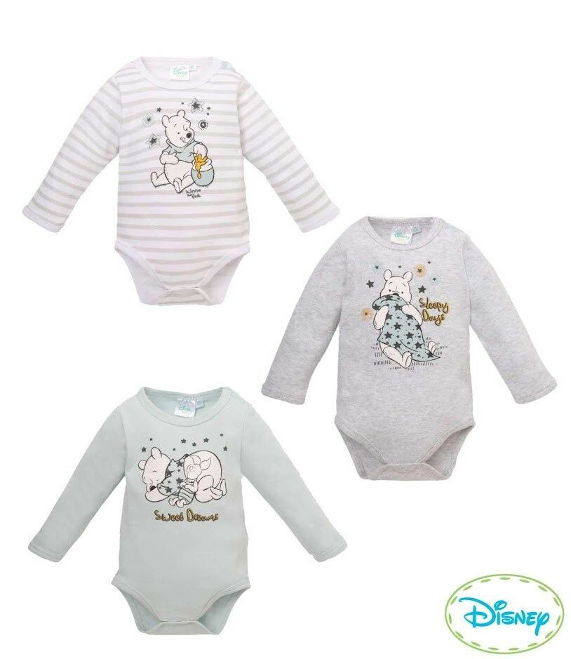Disney Winnie Pooh Body Langarm | Grau / Weiß / Grün | Unisex | Gr. 62–92 | Neu mit Etikett