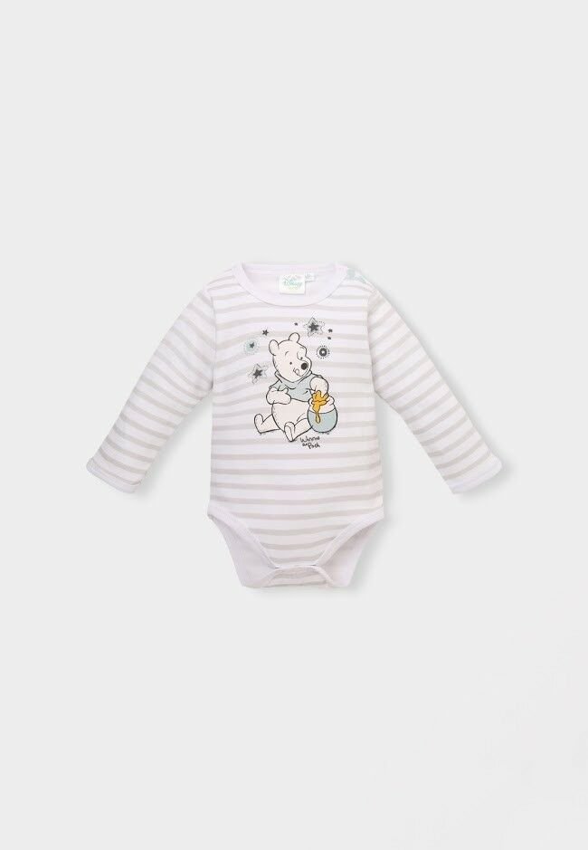 Disney Winnie Pooh Body Langarm | Grau / Weiß / Grün | Unisex | Gr. 62–92 | Neu mit Etikett