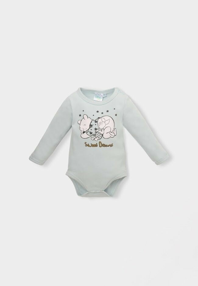 Disney Winnie Pooh Body Langarm | Grau / Weiß / Grün | Unisex | Gr. 62–92 | Neu mit Etikett